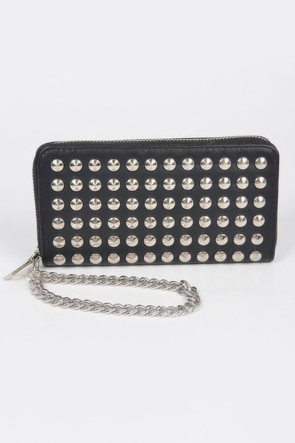 Studded Wallet with Chain Strap – Compact Polyurethane Crossbody