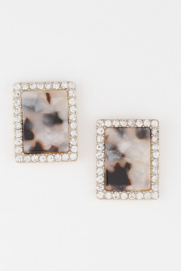 Marble-Style Stud Earrings with Rhinestone Frame