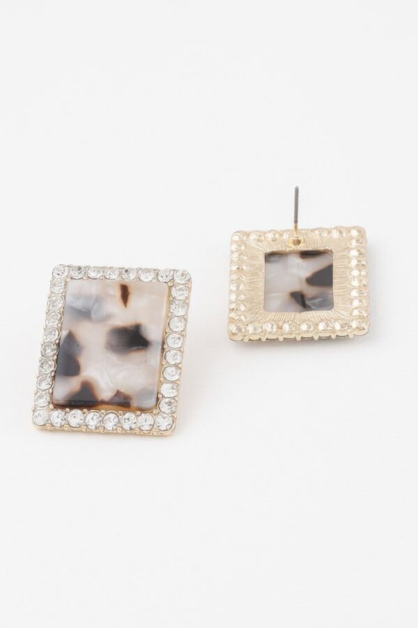Marble-Style Stud Earrings with Rhinestone Frame