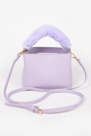 Compact Faux Leather Bag with Fur Top Handle