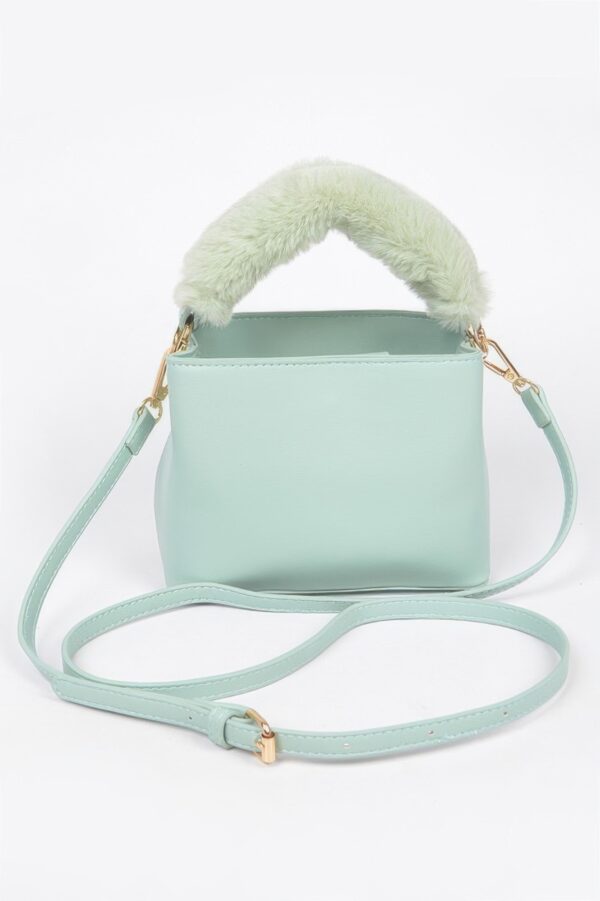 Compact Faux Leather Bag with Fur Top Handle