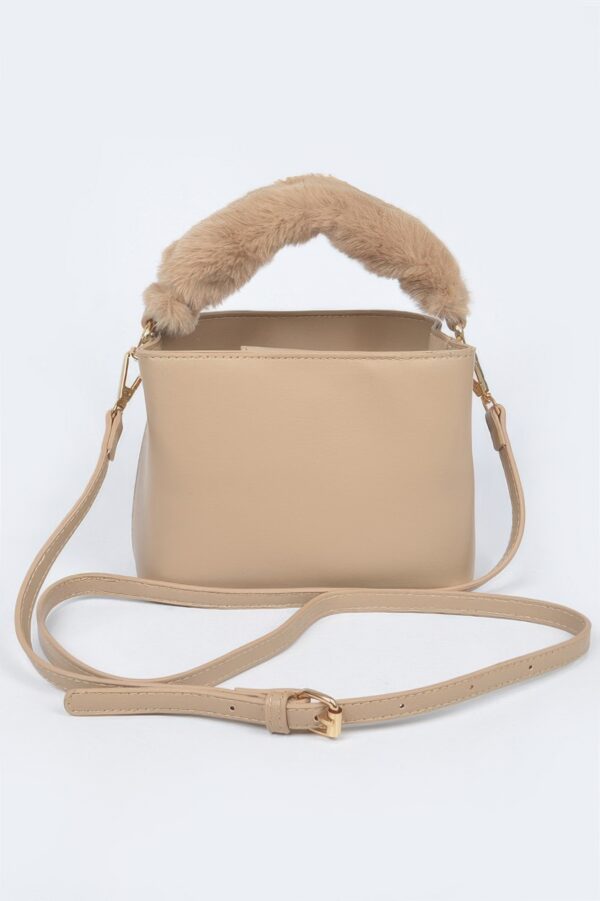 Compact Faux Leather Bag with Fur Top Handle
