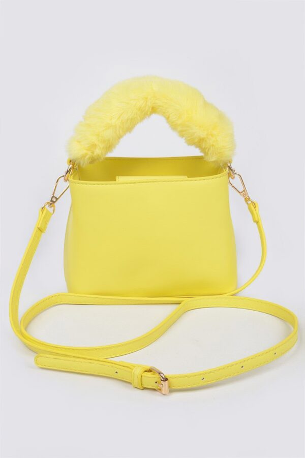 Compact Faux Leather Bag with Fur Top Handle