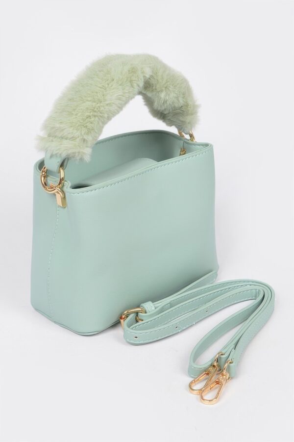Compact Faux Leather Bag with Fur Top Handle
