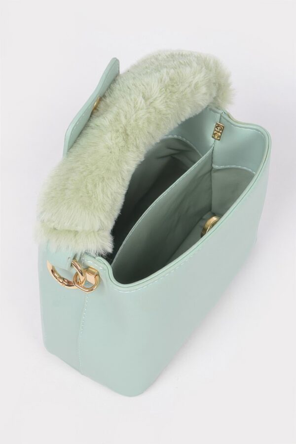 Compact Faux Leather Bag with Fur Top Handle
