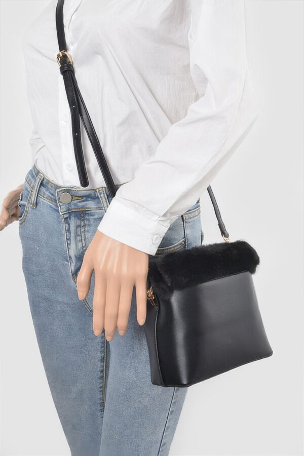 Compact Faux Leather Bag with Fur Top Handle