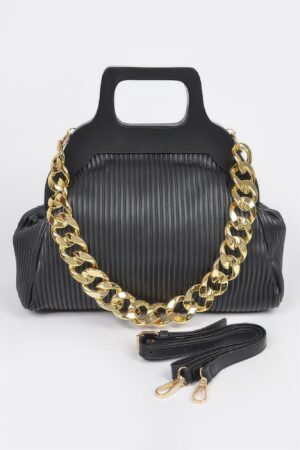 Pleated Chain Bag with Wooden Handle