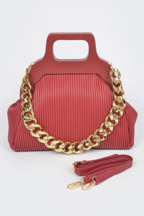 Pleated Chain Bag with Wooden Handle