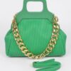Pleated Chain Bag with Wooden Handle