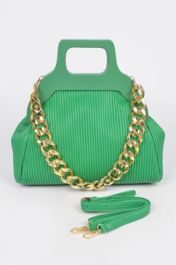 Pleated Chain Bag with Wooden Handle