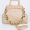 Pleated Chain Bag with Wooden Handle