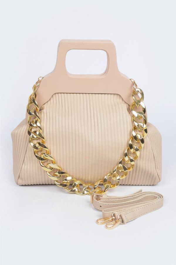 Pleated Chain Bag with Wooden Handle