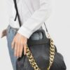 Pleated Chain Bag with Wooden Handle