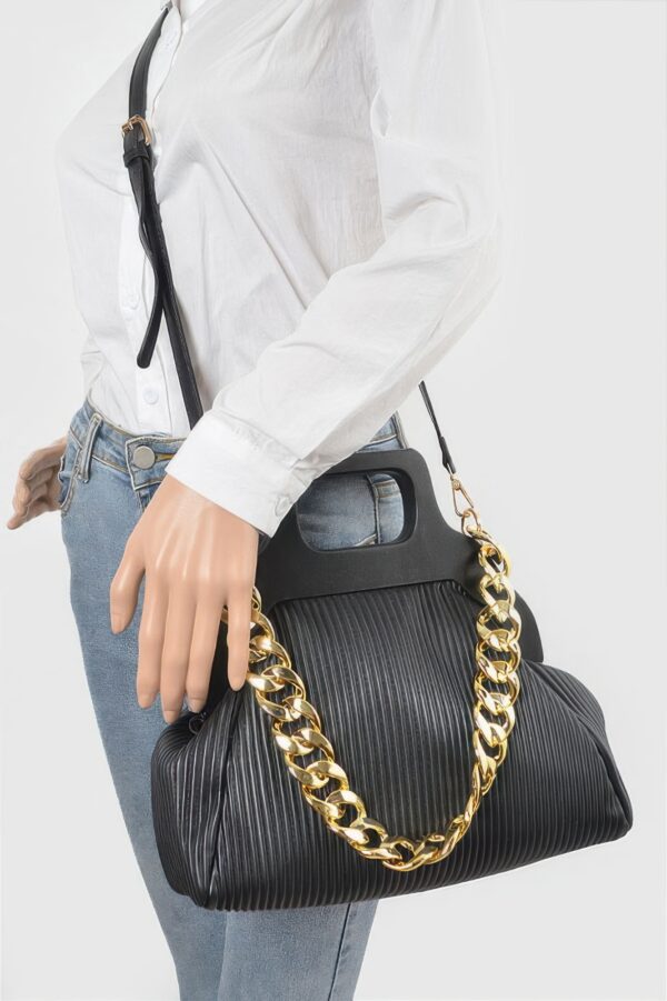 Pleated Chain Bag with Wooden Handle
