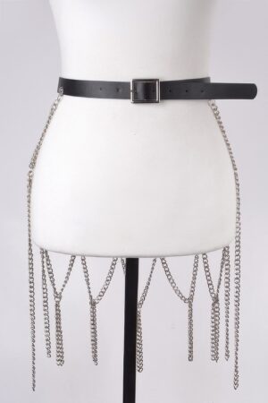 Leather Waist Belt with Cascading Chain Skirt