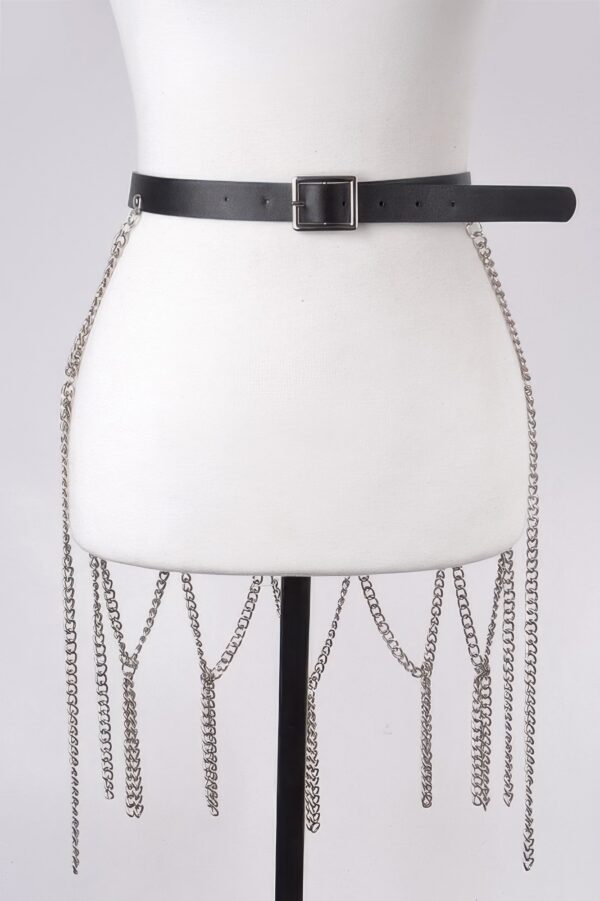 Leather Waist Belt with Cascading Chain Skirt