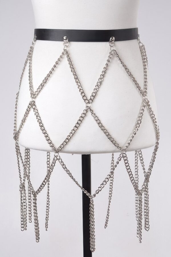 Leather Waist Belt with Cascading Chain Skirt