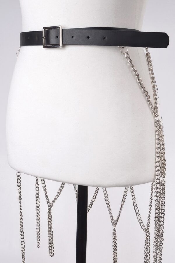 Leather Waist Belt with Cascading Chain Skirt