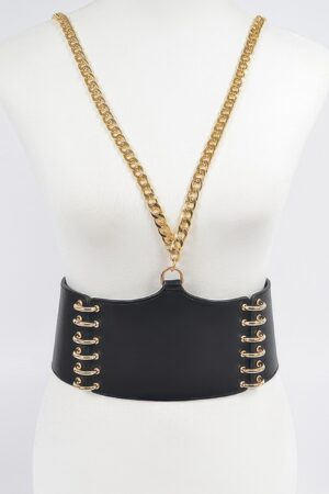 Plus-Size Faux Leather Wide Belt with Chain