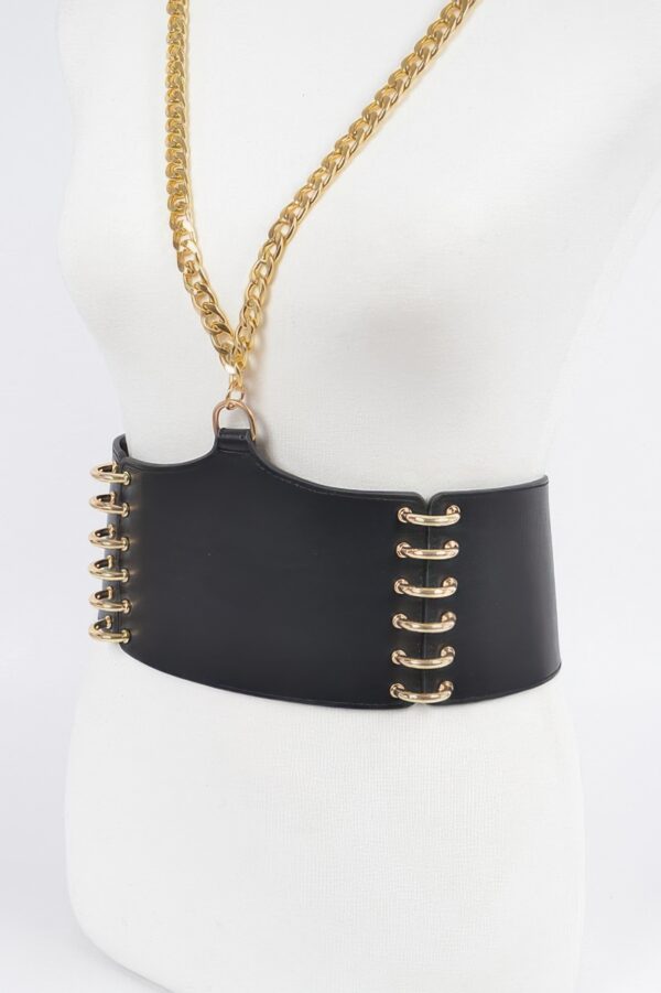 Plus-Size Faux Leather Wide Belt with Chain