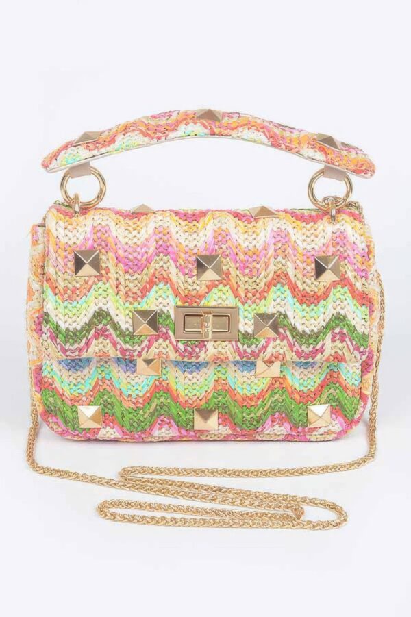 Structured Faux Straw Flap Top-Handle Bag