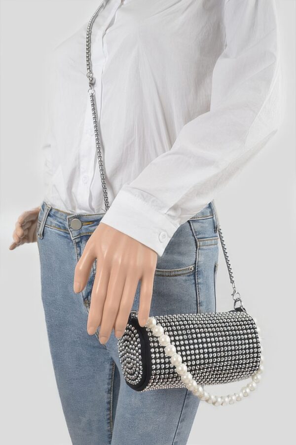 Tube Pearl Handle Evening Bag with Hotfix Accents