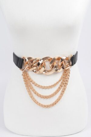 Faux Leather Wide Chain Buckle Belt with Layered Chains
