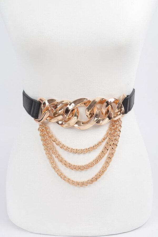 Faux Leather Wide Chain Buckle Belt with Layered Chains