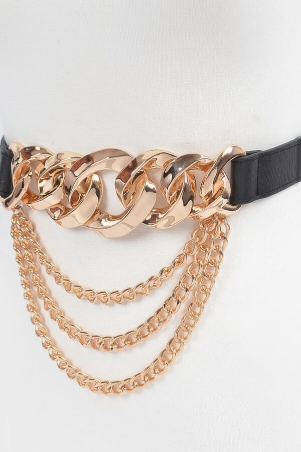 Faux Leather Wide Chain Buckle Belt with Layered Chains