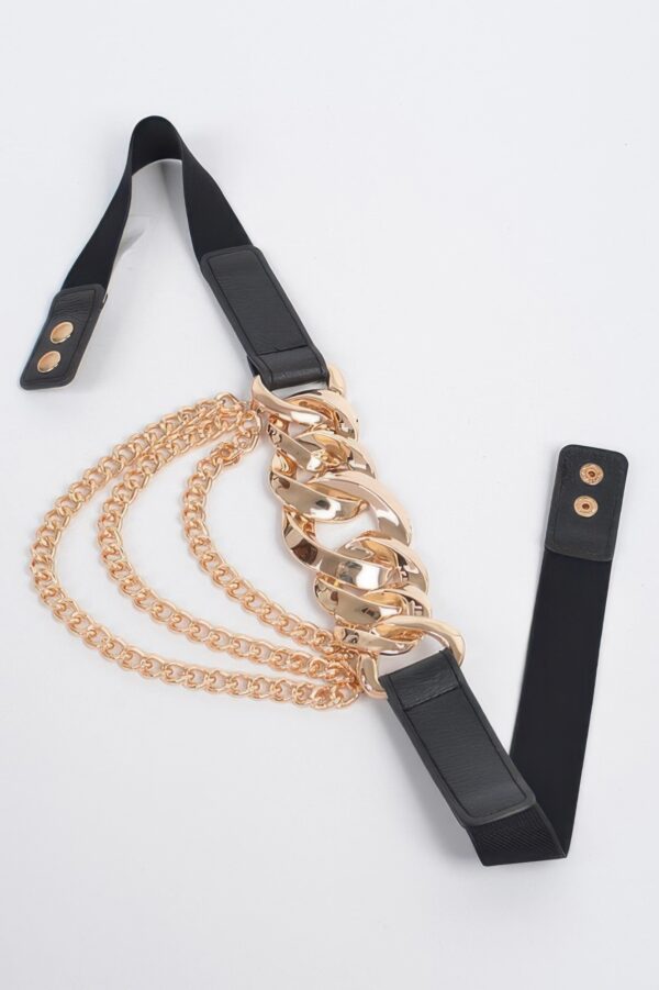 Faux Leather Wide Chain Buckle Belt with Layered Chains