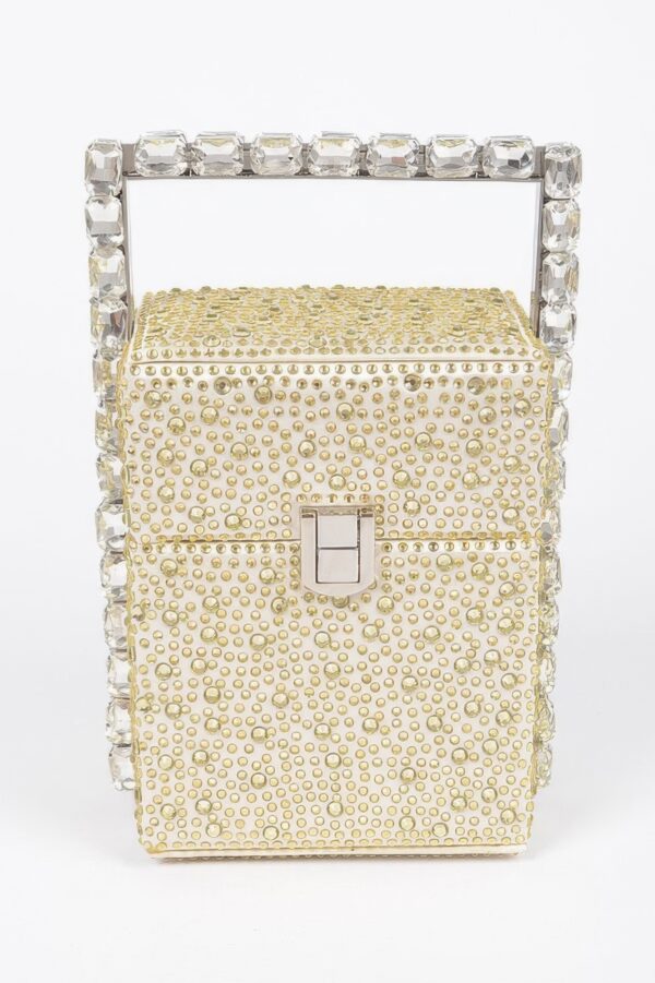 Rhinestone-Handle Stoned Party Clutch – Compact Evening Bag