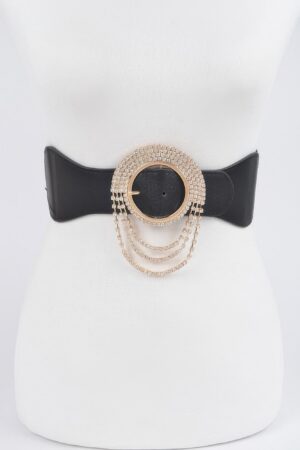 Layered Rhinestone Buckle Elastic Belt – 3-inch Wide