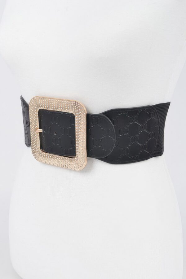 Oversized Rhinestone Buckle Embossed Elastic Belt