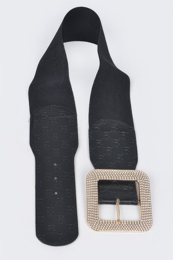 Oversized Rhinestone Buckle Embossed Elastic Belt