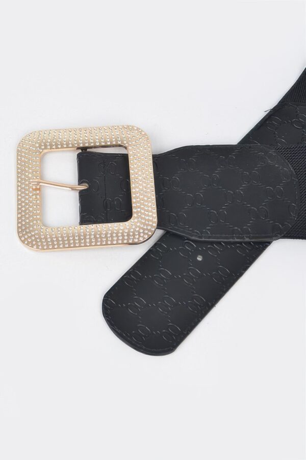 Oversized Rhinestone Buckle Embossed Elastic Belt