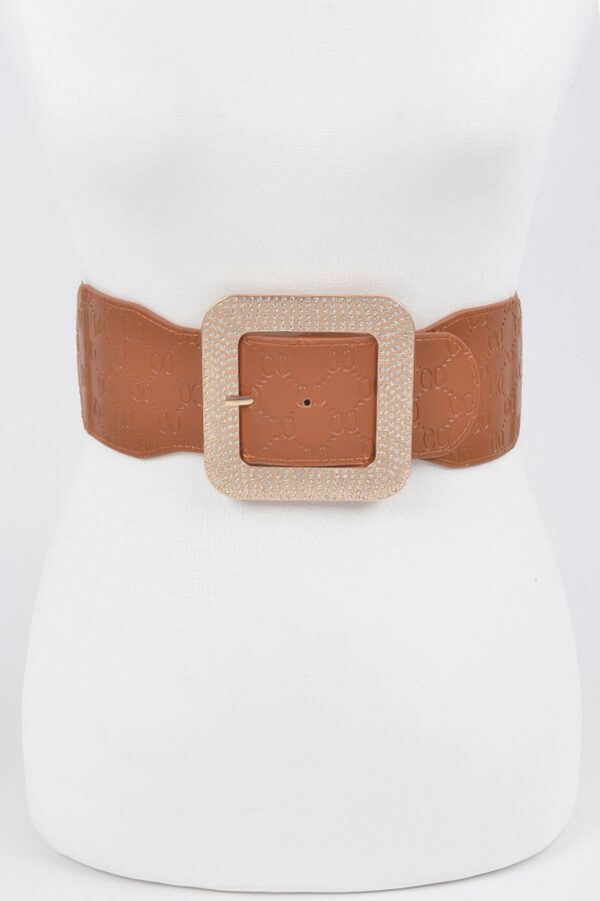 Oversized Rhinestone Buckle Embossed Elastic Belt