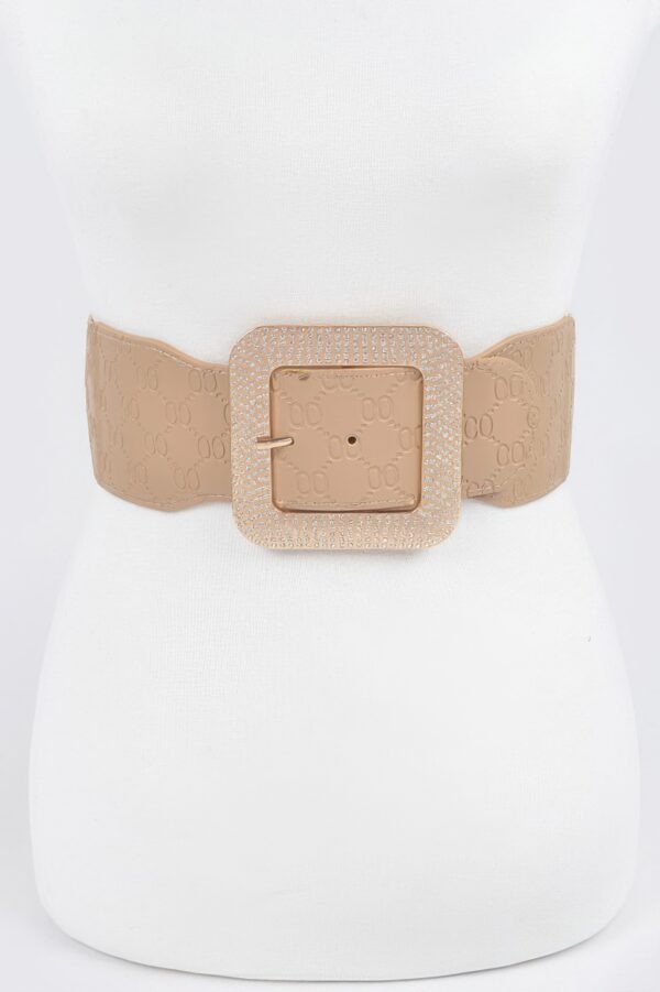 Oversized Rhinestone Buckle Embossed Elastic Belt