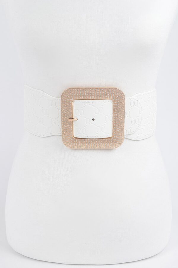 Oversized Rhinestone Buckle Embossed Elastic Belt