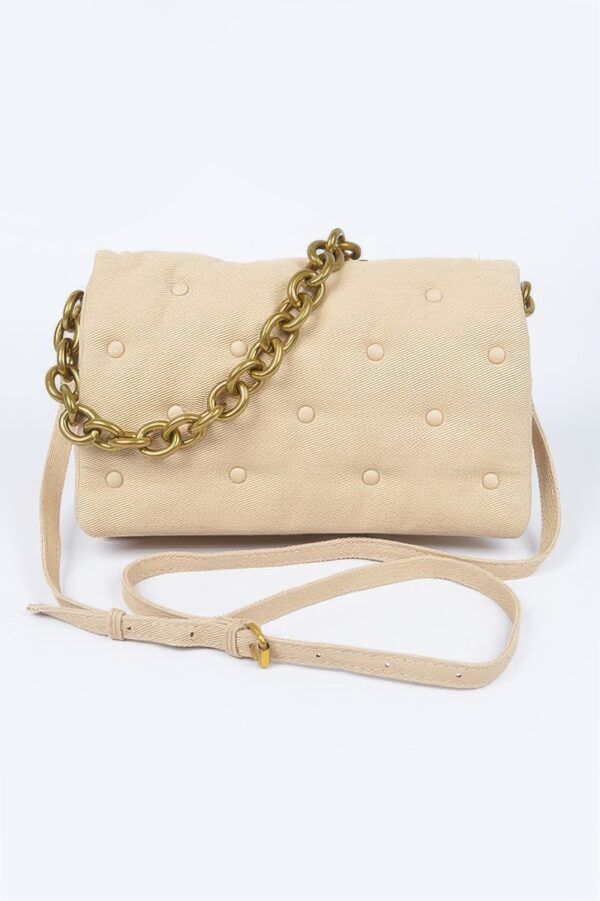 Studded Cotton Canvas Chain Shoulder Bag