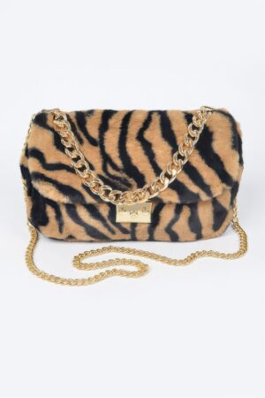 Faux Zebra Fur Shoulder Bag with Mixed Metal Accents