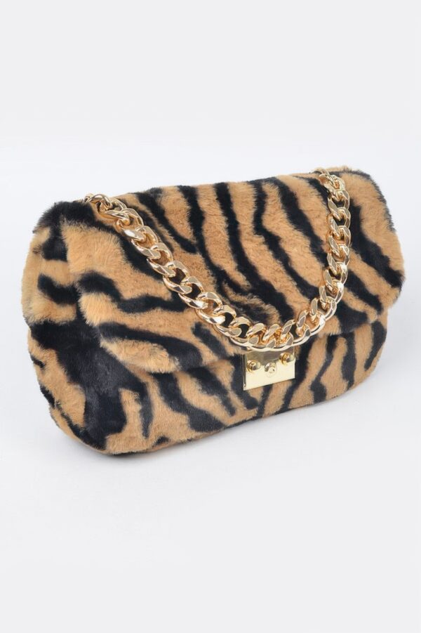 Faux Zebra Fur Shoulder Bag with Mixed Metal Accents
