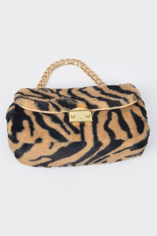 Faux Zebra Fur Shoulder Bag with Mixed Metal Accents