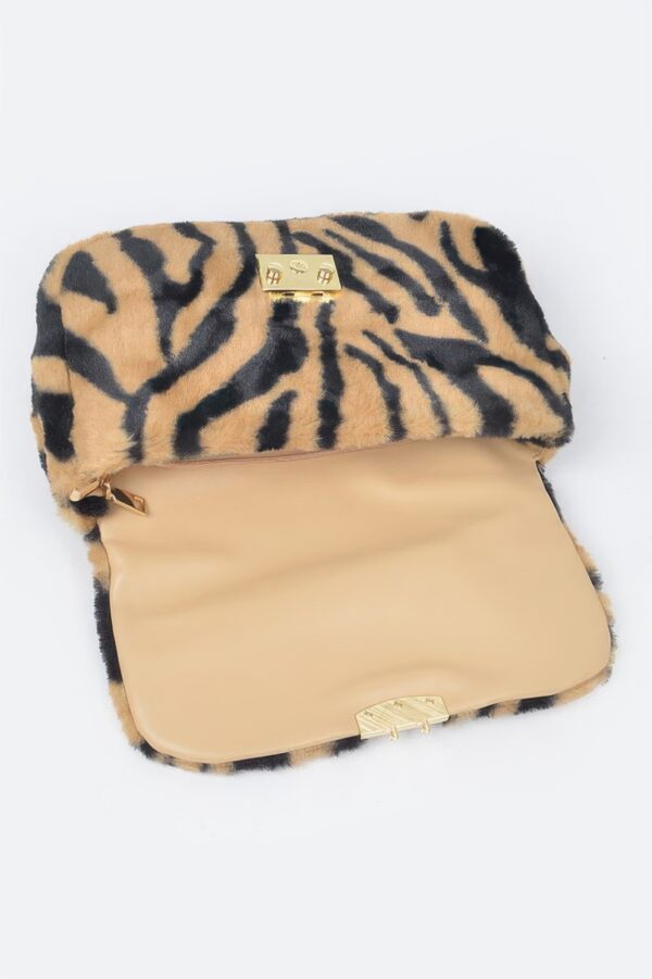 Faux Zebra Fur Shoulder Bag with Mixed Metal Accents