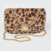Faux Leo Fur Shoulder Bag with Mixed Metal Accents