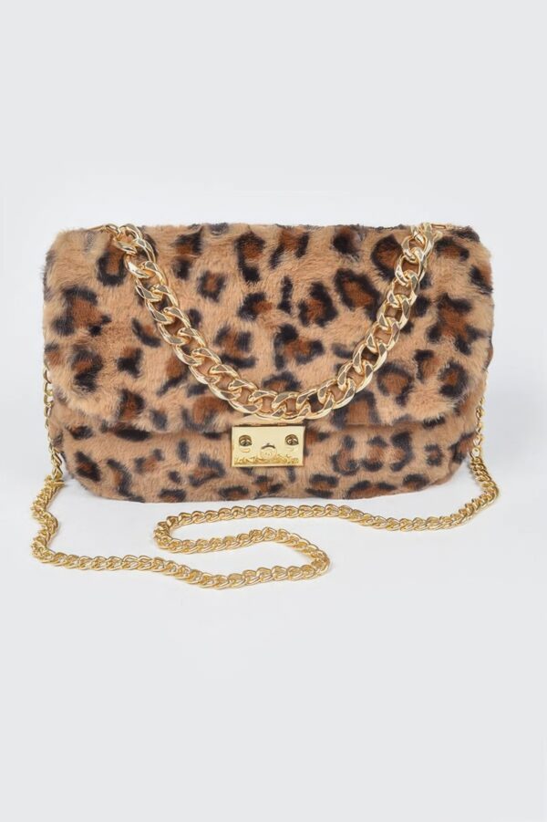 Faux Leo Fur Shoulder Bag with Mixed Metal Accents