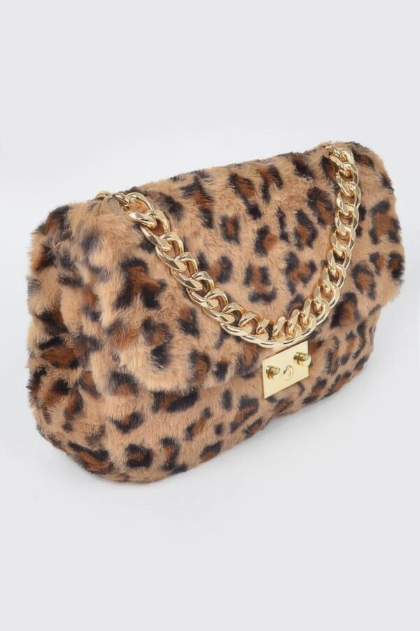 Faux Leo Fur Shoulder Bag with Mixed Metal Accents