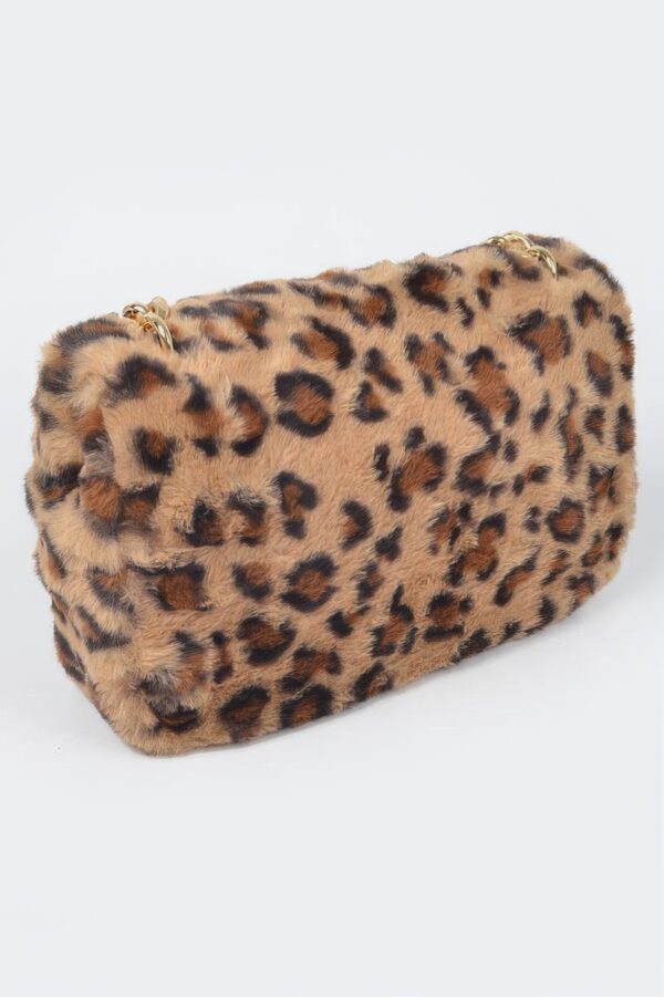Faux Leo Fur Shoulder Bag with Mixed Metal Accents