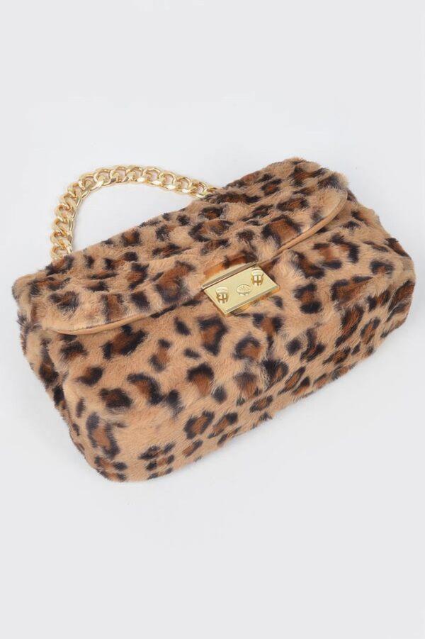 Faux Leo Fur Shoulder Bag with Mixed Metal Accents