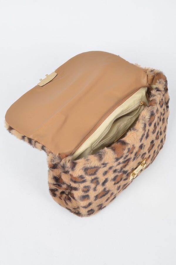 Faux Leo Fur Shoulder Bag with Mixed Metal Accents