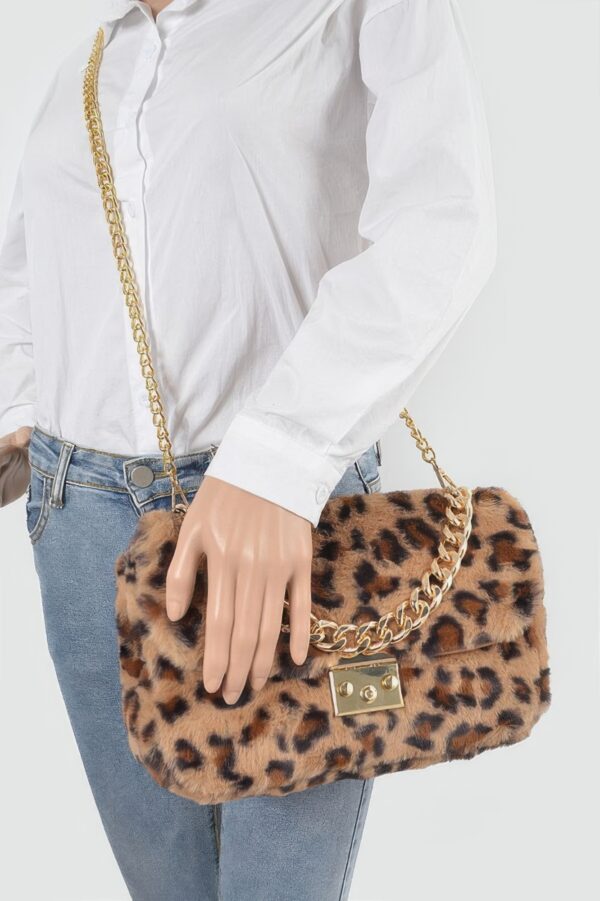 Faux Leo Fur Shoulder Bag with Mixed Metal Accents